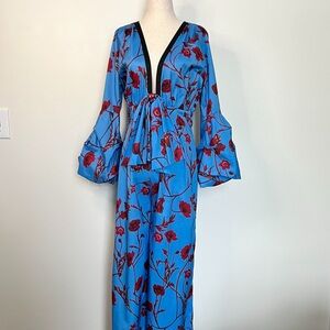 Blue Red Floral Deep V-Neck Boho Jumpsuit Bell Sleeves Tie Front size medium